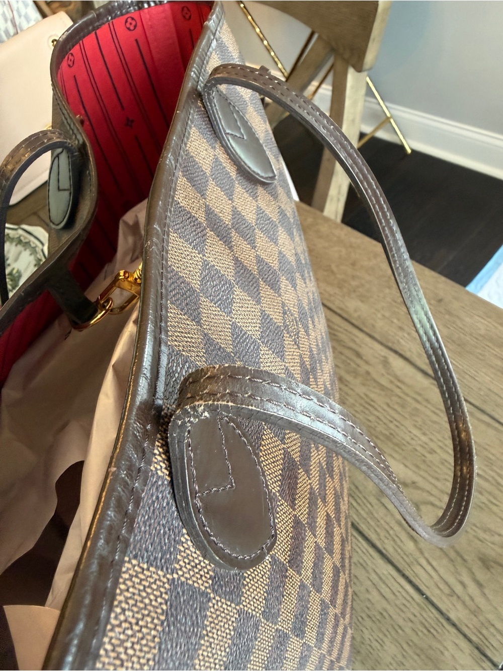 Louis Vuitton Damier Ebene Brown Check Tote Bag with Red Interior - Picture 6 of 14